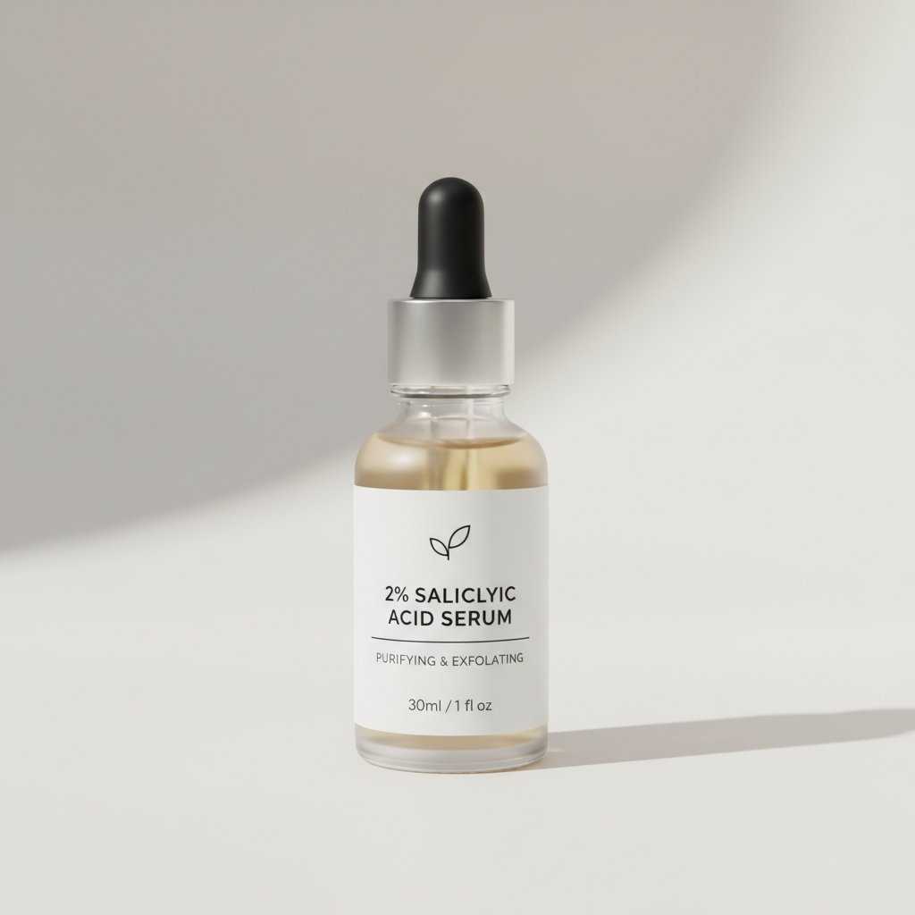 Foto hiper-realista de produto físico para e-commerce Shopify, com aparência de fotografia real capturada em estúdio profissional. Proporções e escala reais, enquadramento 1:1, iluminação de estúdio suave e uniforme, sombras naturais no contato com a base. Textura e materiais naturais, acabamento real (fosco ou acetinado), cores fiéis, sem aparência de render ou IA. Fundo neutro limpo, produto centralizado, sem pessoas ou textos, alta resolução, padrão comercial.
Sérum Ácido Salicílico 2%