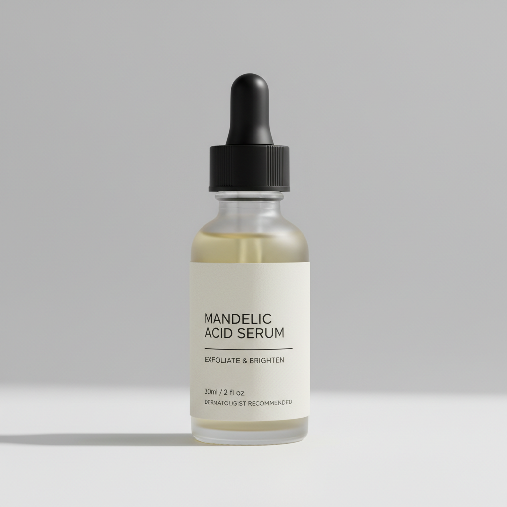 Foto hiper-realista de produto físico para e-commerce Shopify, com aparência de fotografia real capturada em estúdio profissional. Proporções e escala reais, enquadramento 1:1, iluminação de estúdio suave e uniforme, sombras naturais no contato com a base. Textura e materiais naturais, acabamento real (fosco ou acetinado), cores fiéis, sem aparência de render ou IA. Fundo neutro limpo, produto centralizado, sem pessoas ou textos, alta resolução, padrão comercial.
Sérum Ácido Mandélico Suave