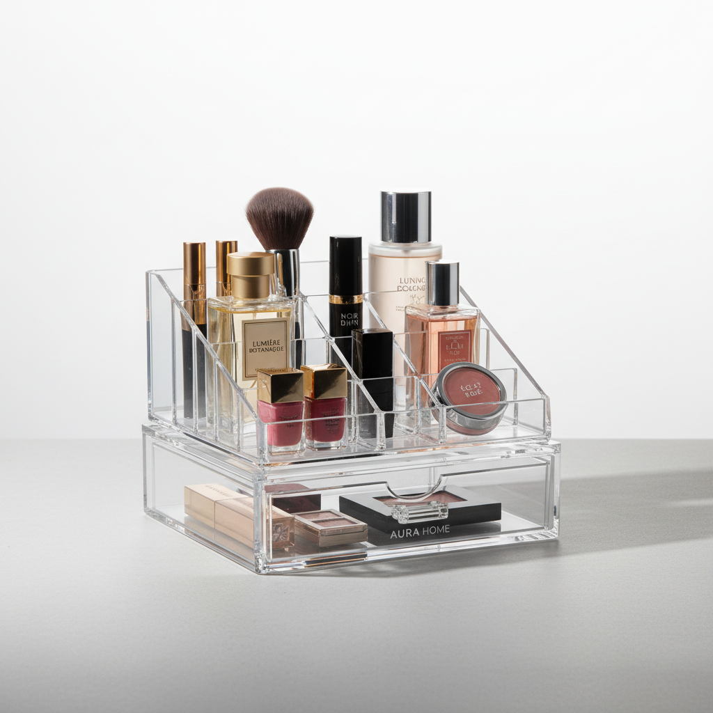 Foto hiper-realista de produto para Shopify, fotografia real de estúdio, 1:1, proporções reais, iluminação suave, sombras naturais de contato, textura e cores reais, sem render ou IA. Rótulo/embalagem profissional coerente com o produto, tipografia legível. Fundo neutro limpo, produto centralizado, alta resolução.
Organizador de Cosméticos Premium