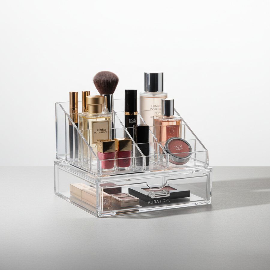 Foto hiper-realista de produto para Shopify, fotografia real de estúdio, 1:1, proporções reais, iluminação suave, sombras naturais de contato, textura e cores reais, sem render ou IA. Rótulo/embalagem profissional coerente com o produto, tipografia legível. Fundo neutro limpo, produto centralizado, alta resolução.
Organizador de Cosméticos Premium