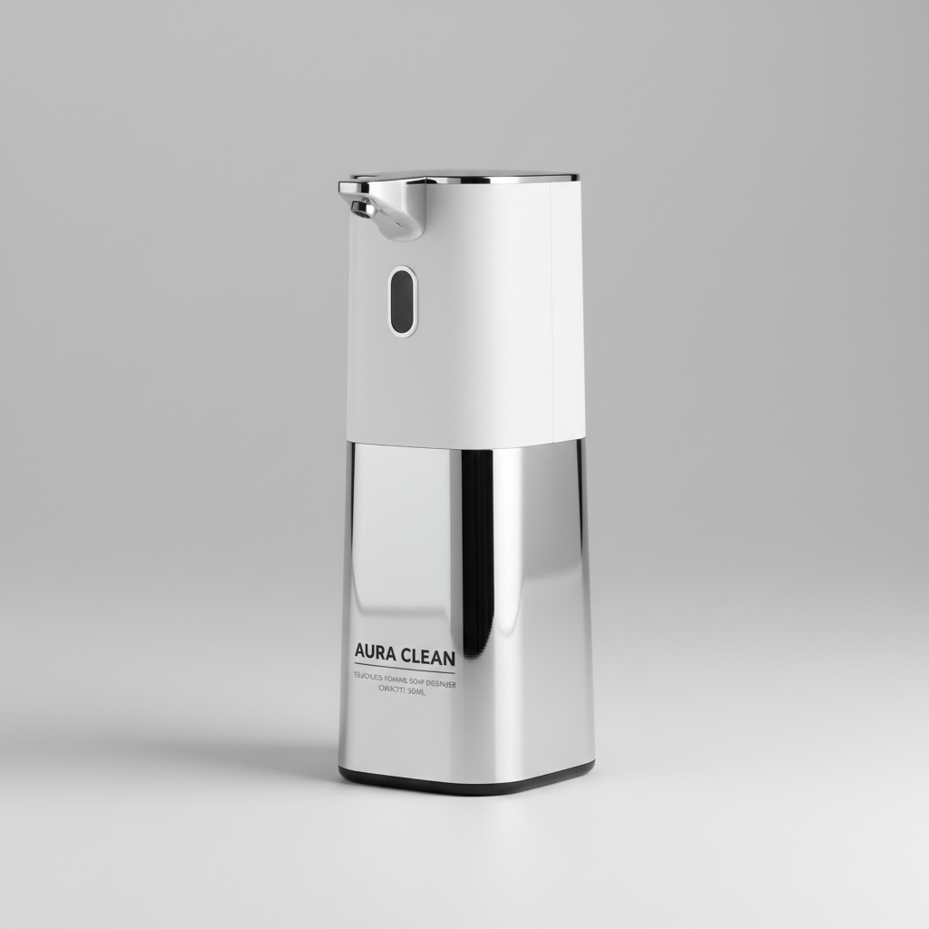 Foto hiper-realista de produto para Shopify, fotografia real de estúdio, 1:1, proporções reais, iluminação suave, sombras naturais de contato, textura e cores reais, sem render ou IA. Rótulo/embalagem profissional coerente com o produto, tipografia legível. Fundo neutro limpo, produto centralizado, alta resolução.
Dispenser Automático de Sabonete