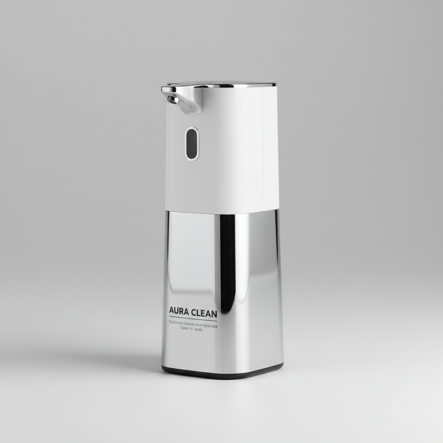 Foto hiper-realista de produto para Shopify, fotografia real de estúdio, 1:1, proporções reais, iluminação suave, sombras naturais de contato, textura e cores reais, sem render ou IA. Rótulo/embalagem profissional coerente com o produto, tipografia legível. Fundo neutro limpo, produto centralizado, alta resolução.
Dispenser Automático de Sabonete
