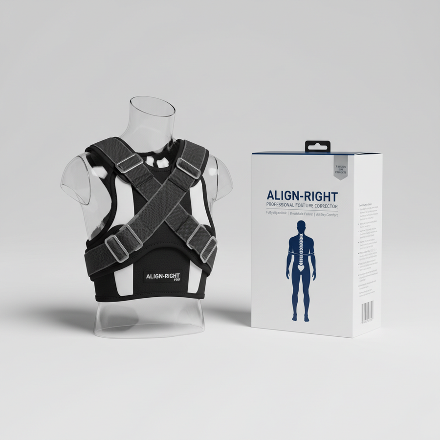Foto hiper-realista de produto para Shopify, fotografia real de estúdio, 1:1, proporções reais, iluminação suave, sombras naturais de contato, textura e cores reais, sem render ou IA. Rótulo/embalagem profissional coerente com o produto, tipografia legível. Fundo neutro limpo, produto centralizado, alta resolução.
Corretor de Postura Ajustável