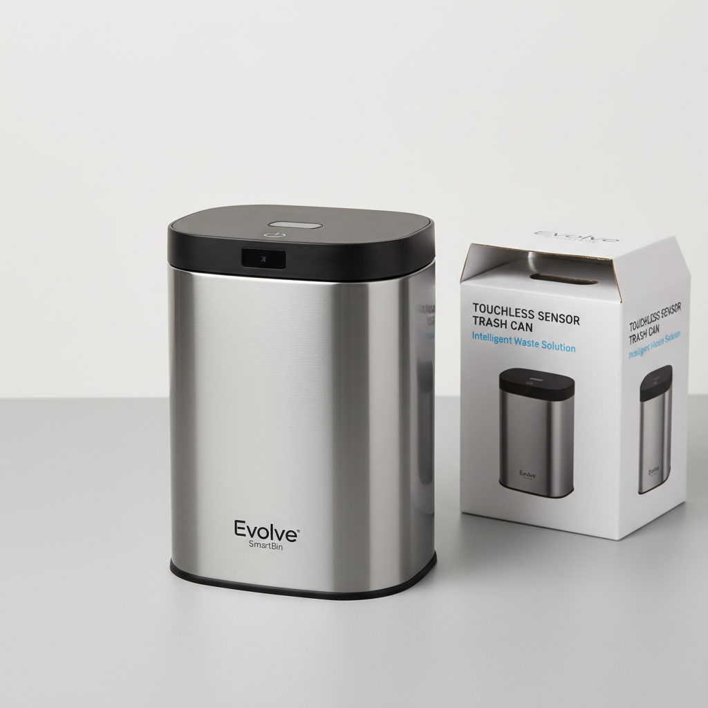 Foto hiper-realista de produto para Shopify, fotografia real de estúdio, 1:1, proporções reais, iluminação suave, sombras naturais de contato, textura e cores reais, sem render ou IA. Rótulo/embalagem profissional coerente com o produto, tipografia legível. Fundo neutro limpo, produto centralizado, alta resolução.
Lixeira Inteligente Sensorizada