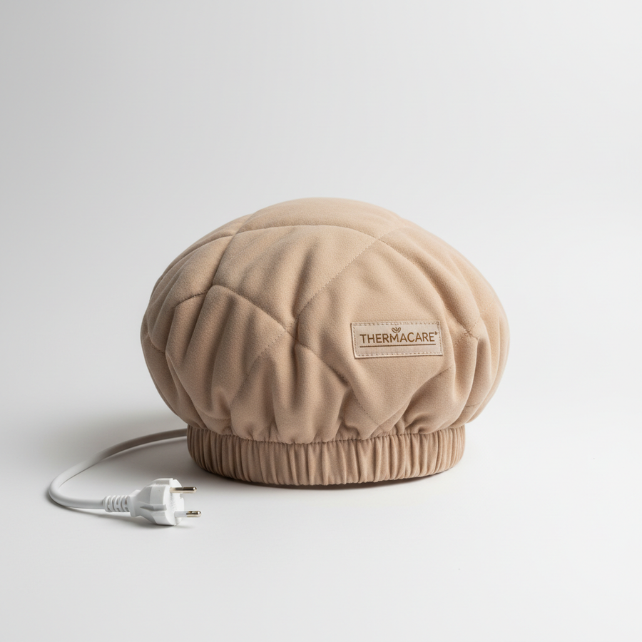Foto hiper-realista de produto para Shopify, fotografia real de estúdio, 1:1, proporções reais, iluminação suave, sombras naturais de contato, textura e cores reais, sem render ou IA. Rótulo/embalagem profissional coerente com o produto, tipografia legível. Fundo neutro limpo, produto centralizado, alta resolução.
Touca Térmica Capilar Elétrica