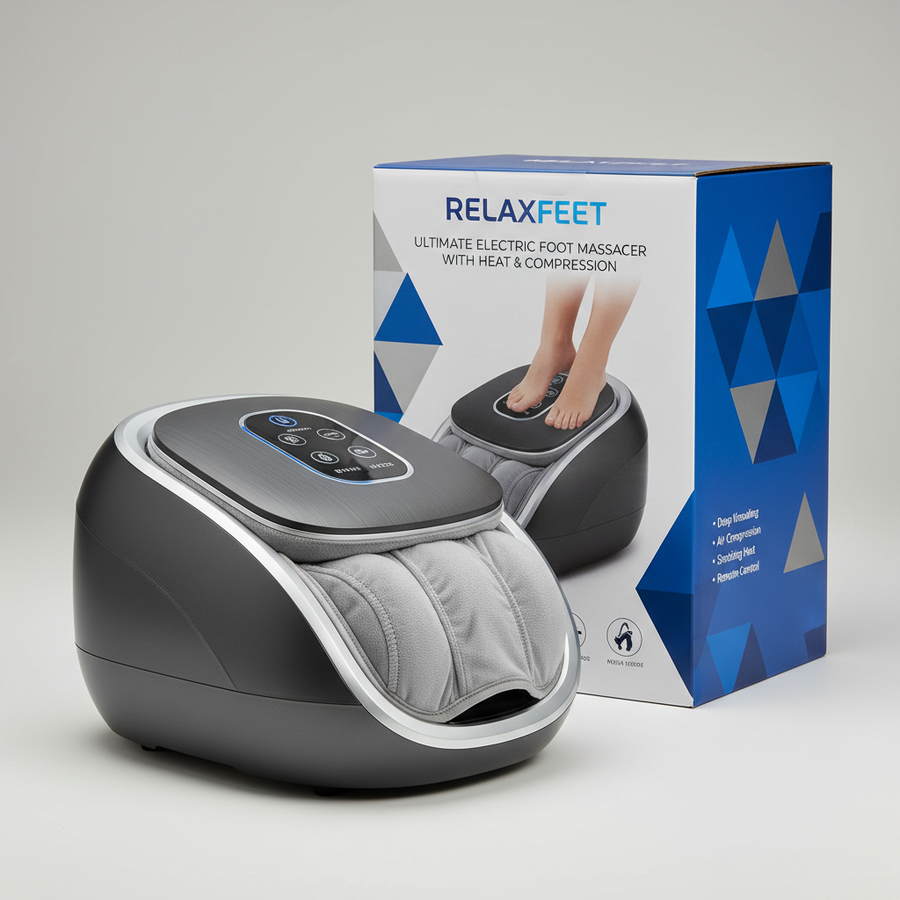 Foto hiper-realista de produto para Shopify, fotografia real de estúdio, 1:1, proporções reais, iluminação suave, sombras naturais de contato, textura e cores reais, sem render ou IA. Rótulo/embalagem profissional coerente com o produto, tipografia legível. Fundo neutro limpo, produto centralizado, alta resolução.
Massageador de Pés Relaxante