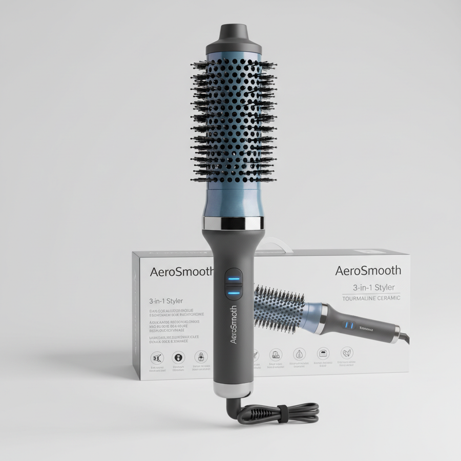 Foto hiper-realista de produto para Shopify, fotografia real de estúdio, 1:1, proporções reais, iluminação suave, sombras naturais de contato, textura e cores reais, sem render ou IA. Rótulo/embalagem profissional coerente com o produto, tipografia legível. Fundo neutro limpo, produto centralizado, alta resolução.
Escova Secadora Multifuncional 3 em 1