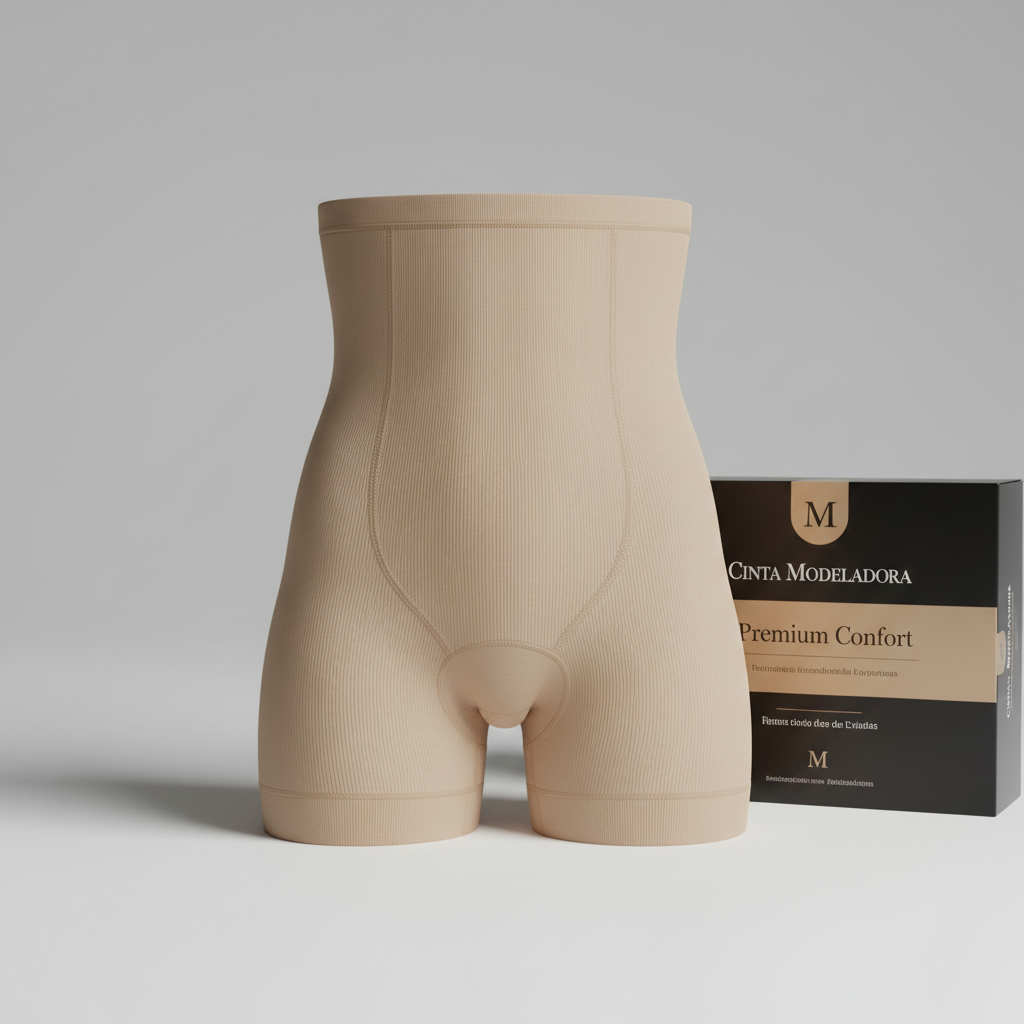 Foto hiper-realista de produto para Shopify, fotografia real de estúdio, 1:1, proporções reais, iluminação suave, sombras naturais de contato, textura e cores reais, sem render ou IA. Rótulo/embalagem profissional coerente com o produto, tipografia legível. Fundo neutro limpo, produto centralizado, alta resolução.
Cinta Modeladora Premium Confort