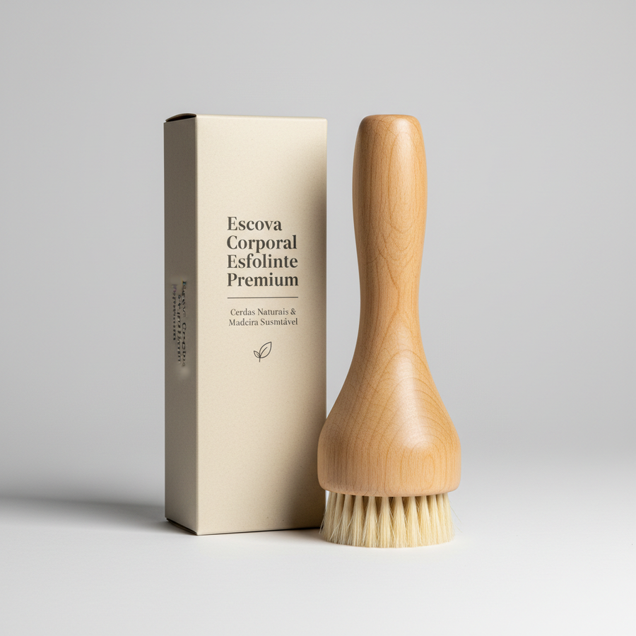 Foto hiper-realista de produto para Shopify, fotografia real de estúdio, 1:1, proporções reais, iluminação suave, sombras naturais de contato, textura e cores reais, sem render ou IA. Rótulo/embalagem profissional coerente com o produto, tipografia legível. Fundo neutro limpo, produto centralizado, alta resolução.
Escova Corporal Esfoliante Premium