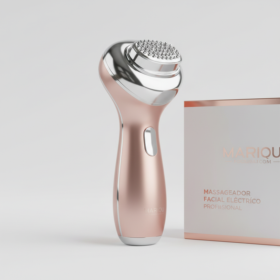 Foto hiper-realista de produto para Shopify, fotografia real de estúdio, 1:1, proporções reais, iluminação suave, sombras naturais de contato, textura e cores reais, sem render ou IA. Rótulo/embalagem profissional coerente com o produto, tipografia legível. Fundo neutro limpo, produto centralizado, alta resolução.
Massageador Facial Elétrico Profissional