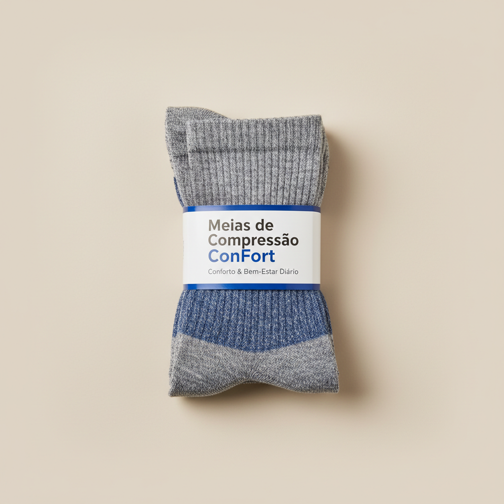 Foto hiper-realista de produto para Shopify, fotografia real de estúdio, 1:1, proporções reais, iluminação suave, sombras naturais de contato, textura e cores reais, sem render ou IA. Rótulo/embalagem profissional coerente com o produto, tipografia legível. Fundo neutro limpo, produto centralizado, alta resolução.
Meias de Compressão Confort
