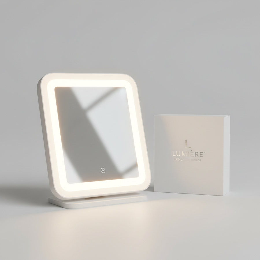 Foto hiper-realista de produto para Shopify, fotografia real de estúdio, 1:1, proporções reais, iluminação suave, sombras naturais de contato, textura e cores reais, sem render ou IA. Rótulo/embalagem profissional coerente com o produto, tipografia legível. Fundo neutro limpo, produto centralizado, alta resolução.
Espelho com LED para Maquiagem