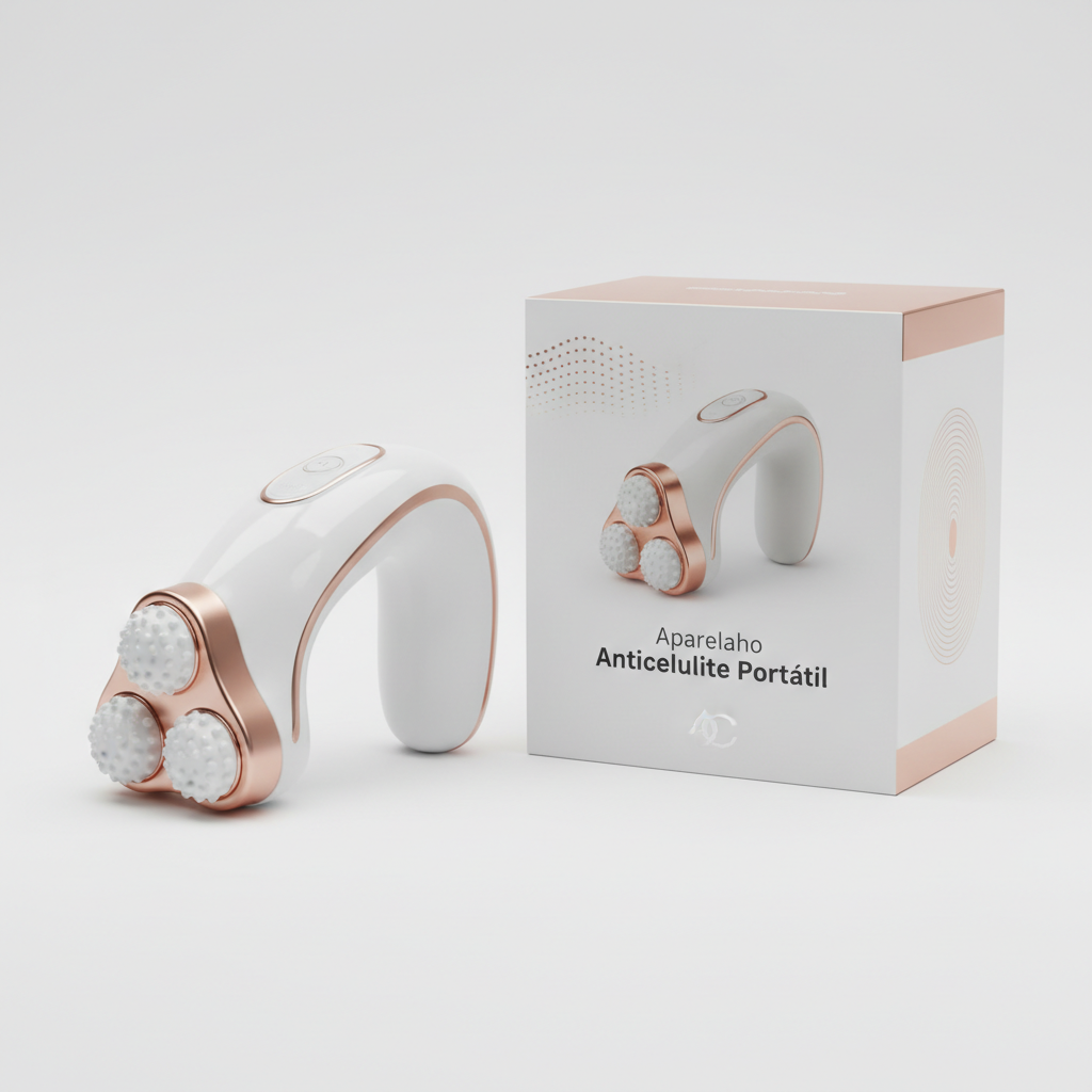 Foto hiper-realista de produto para Shopify, fotografia real de estúdio, 1:1, proporções reais, iluminação suave, sombras naturais de contato, textura e cores reais, sem render ou IA. Rótulo/embalagem profissional coerente com o produto, tipografia legível. Fundo neutro limpo, produto centralizado, alta resolução.
Aparelho Anticelulite Portátil