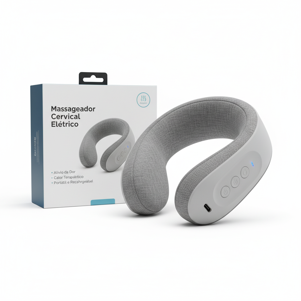 Foto hiper-realista de produto para Shopify, fotografia real de estúdio, 1:1, proporções reais, iluminação suave, sombras naturais de contato, textura e cores reais, sem render ou IA. Rótulo/embalagem profissional coerente com o produto, tipografia legível. Fundo neutro limpo, produto centralizado, alta resolução.
Massageador Cervical Elétrico