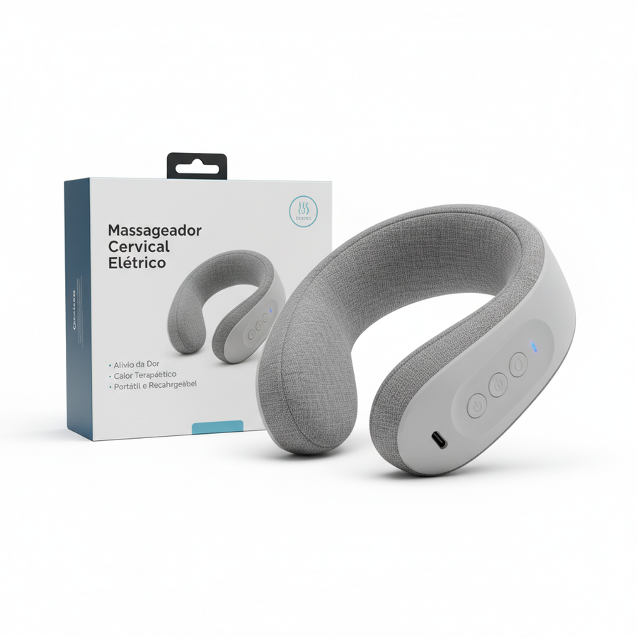 Foto hiper-realista de produto para Shopify, fotografia real de estúdio, 1:1, proporções reais, iluminação suave, sombras naturais de contato, textura e cores reais, sem render ou IA. Rótulo/embalagem profissional coerente com o produto, tipografia legível. Fundo neutro limpo, produto centralizado, alta resolução.
Massageador Cervical Elétrico