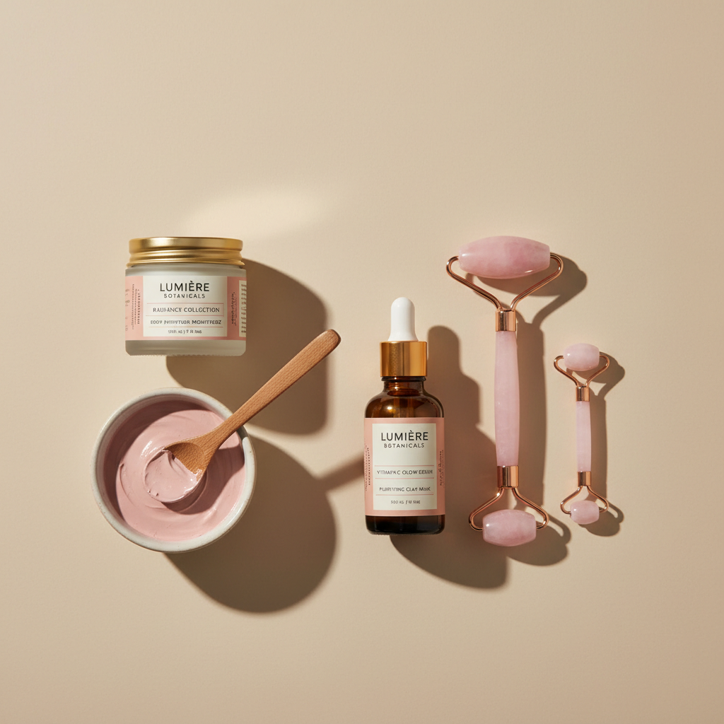 Foto hiper-realista de produto para Shopify, fotografia real de estúdio, 1:1, proporções reais, iluminação suave, sombras naturais de contato, textura e cores reais, sem render ou IA. Rótulo profissional coerente com a marca, tipografia legível. Fundo neutro limpo, produto centralizado, alta resolução.
Kit Autocuidado Feminino