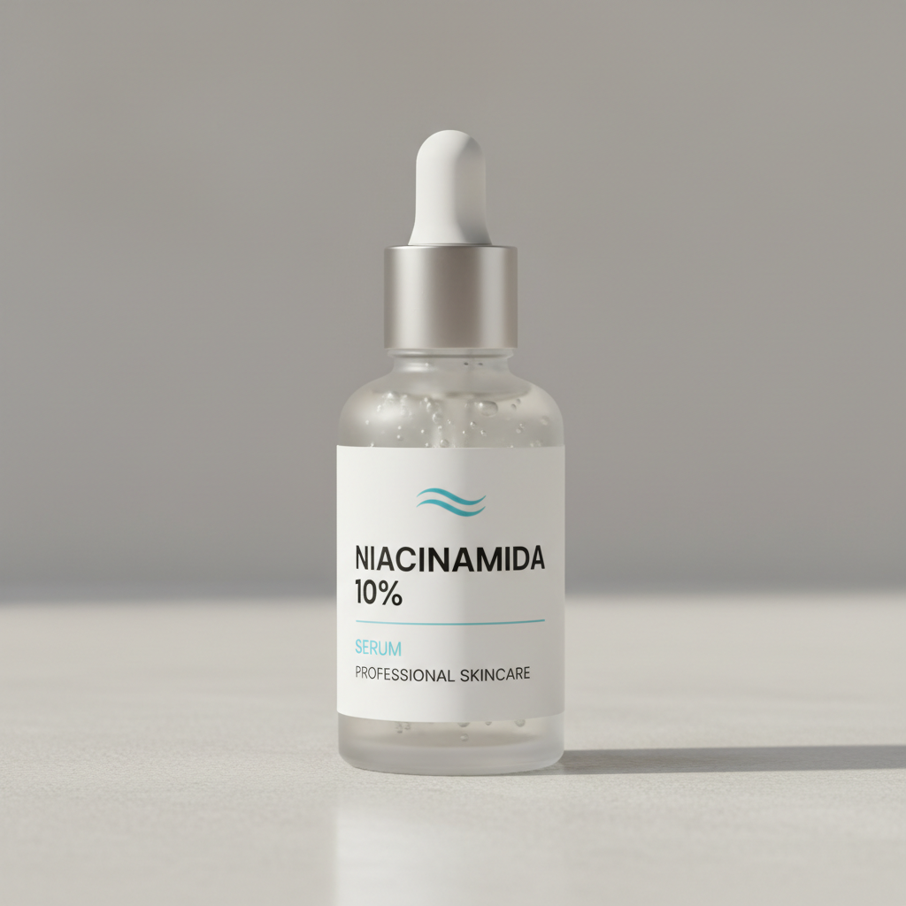 Foto hiper-realista de produto para Shopify, fotografia real de estúdio, 1:1, proporções reais, iluminação suave, sombras naturais de contato, textura e cores reais, sem render ou IA. Rótulo profissional coerente com a marca, tipografia legível. Fundo neutro limpo, produto centralizado, alta resolução.
Sérum Niacinamida 10%