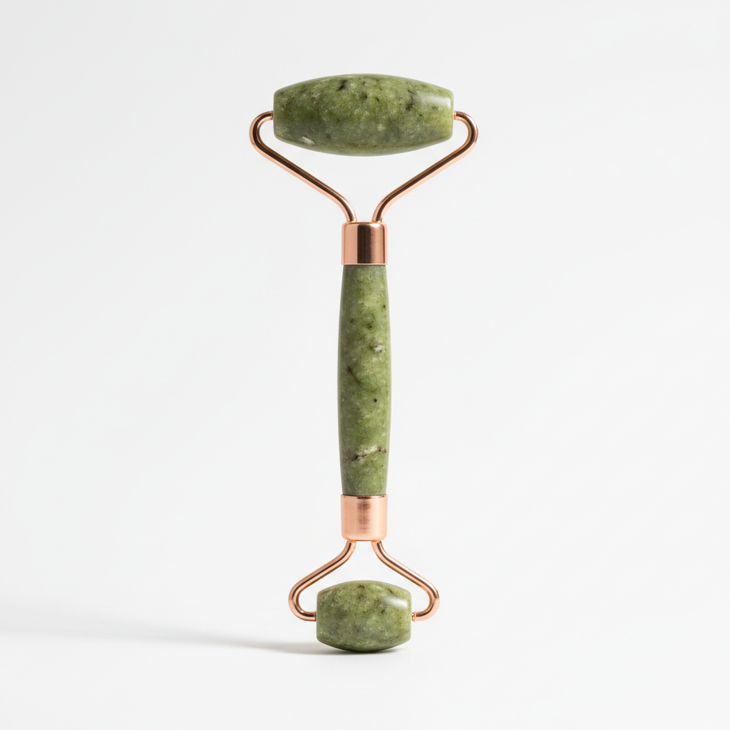 Foto realista de produto físico para e-commerce Shopify. Gerar imagem profissional de estúdio com proporções corretas, enquadramento 1:1, iluminação suave, sombras naturais, textura real, sem aparência de IA. Fundo neutro limpo, produto centralizado, sem pessoas ou textos, alta resolução, pronto para catálogo comercial.
Produto: Rolo Facial de Jade Natural
